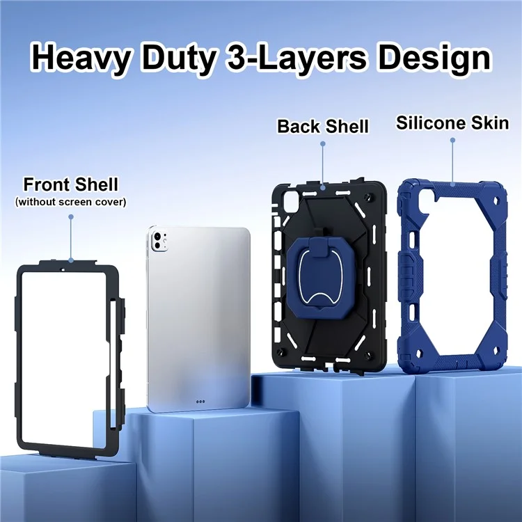Per iPad Pro 11 (2024) Custodia con Supporto Silicone+PC Custodia Tablet con Tracolla - Navy Blue / Nero