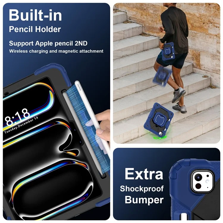 Per iPad Pro 11 (2024) Custodia con Supporto Silicone+PC Custodia Tablet con Tracolla - Navy Blue / Nero