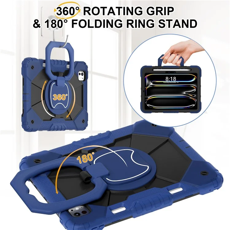 Per iPad Pro 11 (2024) Custodia con Supporto Silicone+PC Custodia Tablet con Tracolla - Navy Blue / Nero