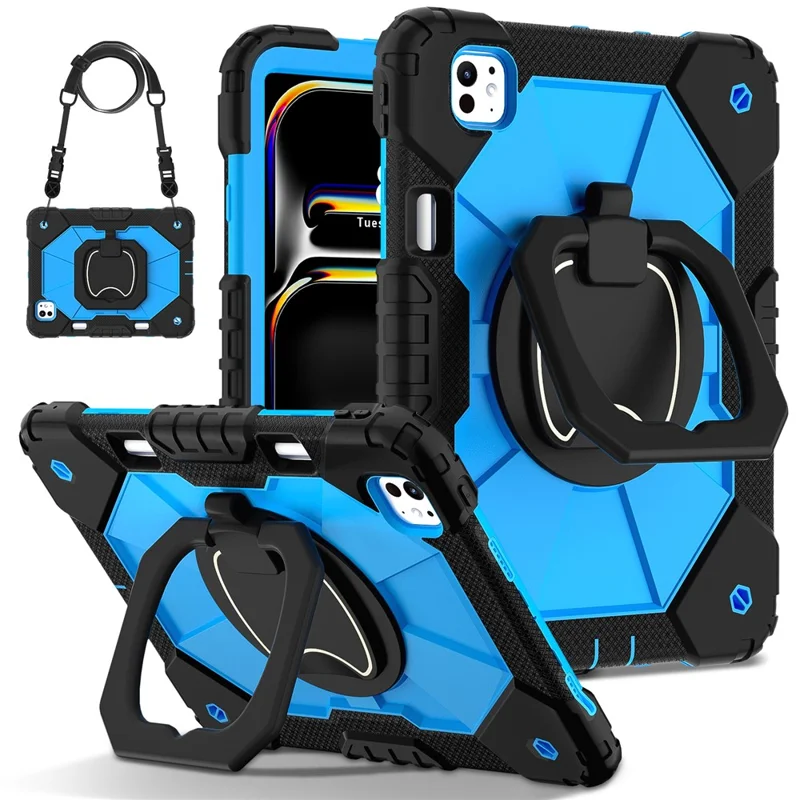 For iPad Pro 11 (2025) / 11 (2024) Kickstand Case Silicone+PC Tablet Cover with Shoulder Strap - Black / Blue