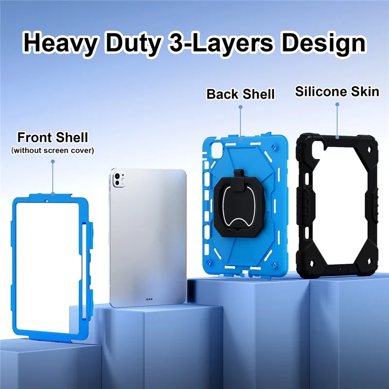 For iPad Pro 11 (2025) / 11 (2024) Kickstand Case Silicone+PC Tablet Cover with Shoulder Strap - Black / Blue