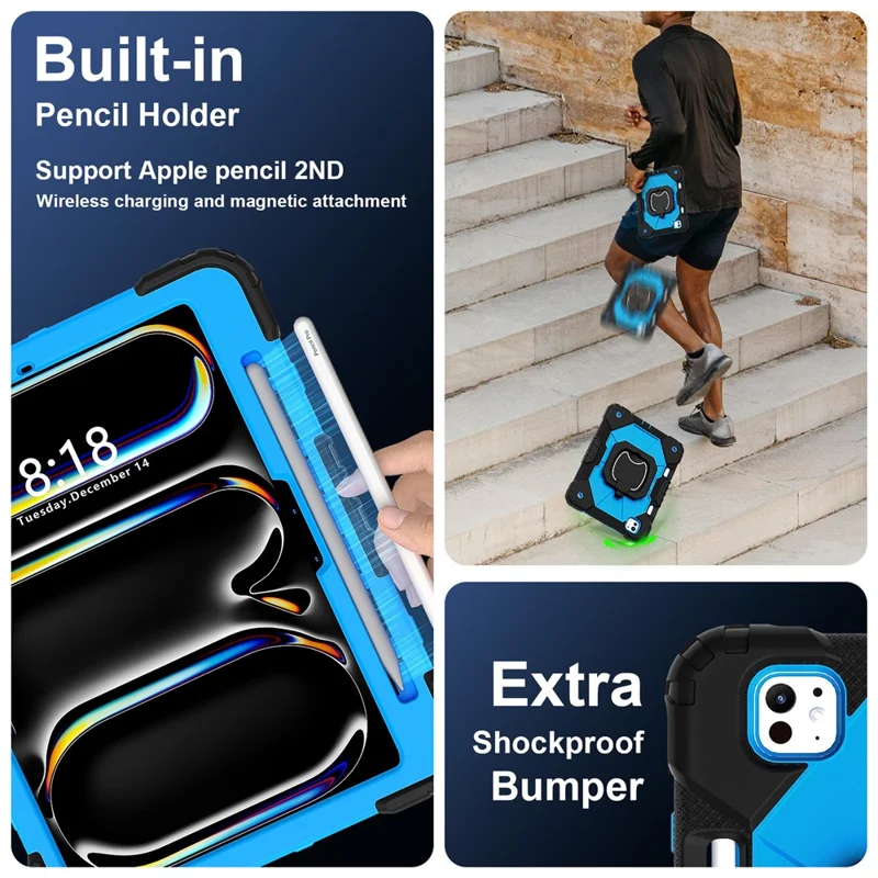 For iPad Pro 11 (2025) / 11 (2024) Kickstand Case Silicone+PC Tablet Cover with Shoulder Strap - Black / Blue