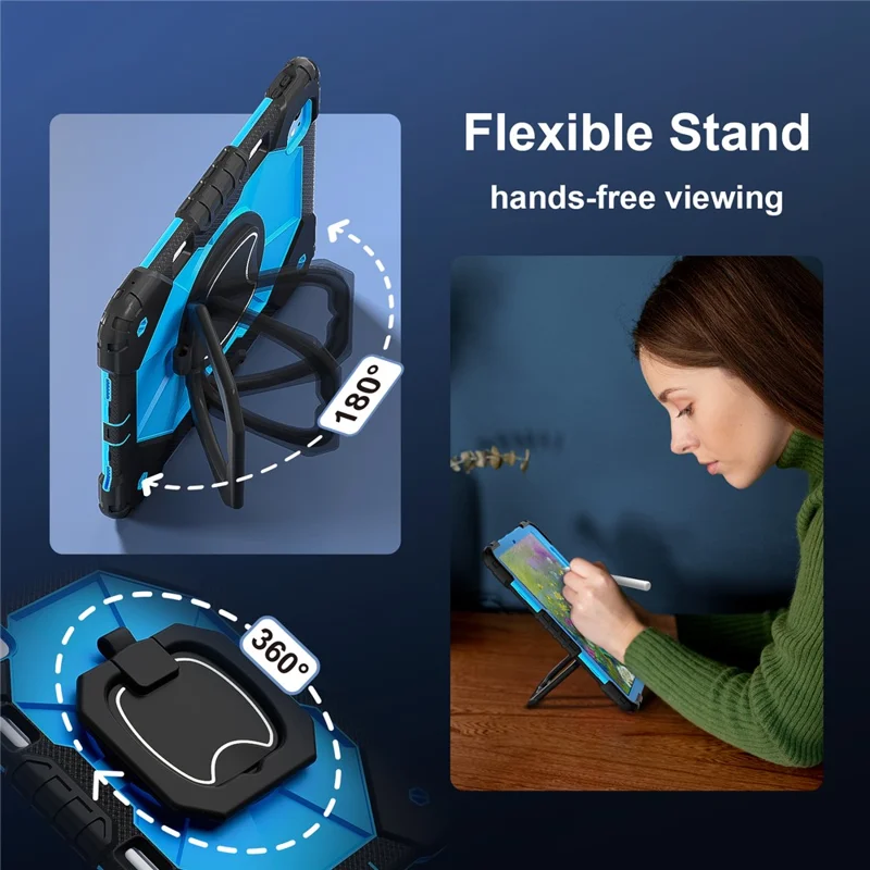 For iPad Pro 11 (2025) / 11 (2024) Kickstand Case Silicone+PC Tablet Cover with Shoulder Strap - Black / Blue