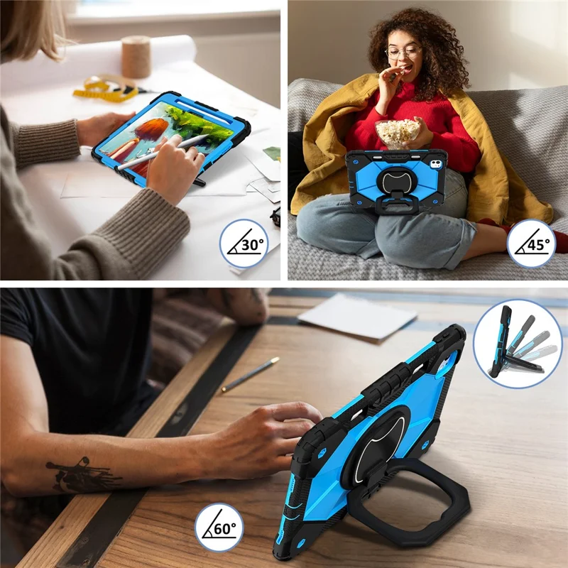 For iPad Pro 11 (2025) / 11 (2024) Kickstand Case Silicone+PC Tablet Cover with Shoulder Strap - Black / Blue