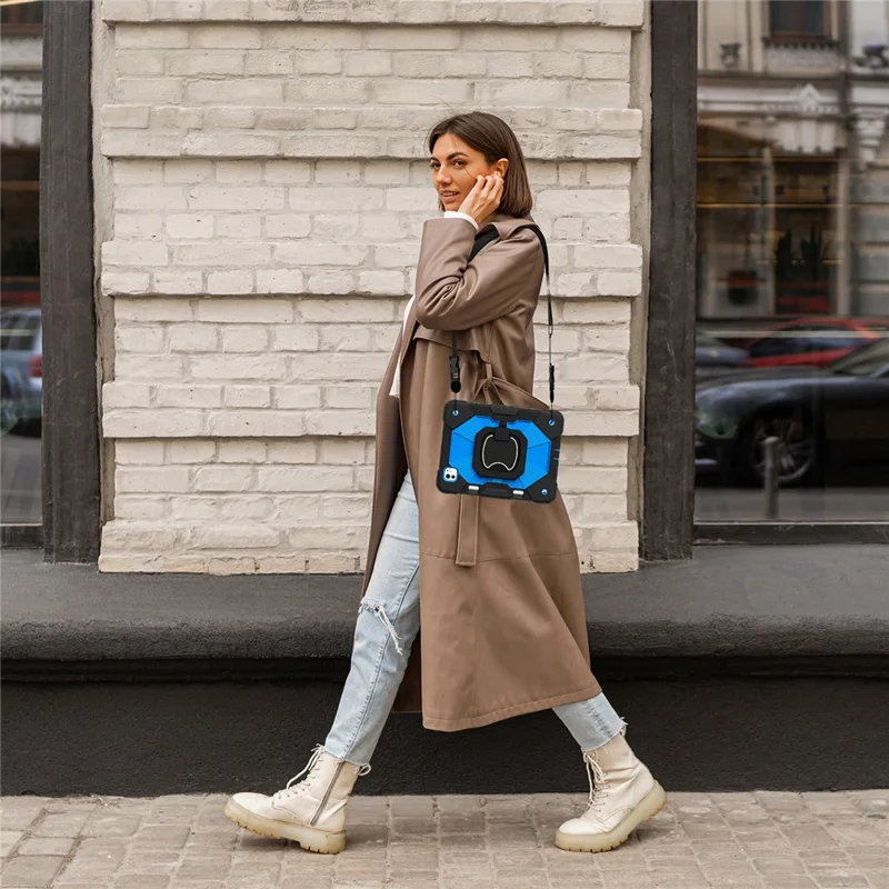 For iPad Pro 11 (2025) / 11 (2024) Kickstand Case Silicone+PC Tablet Cover with Shoulder Strap - Black / Blue