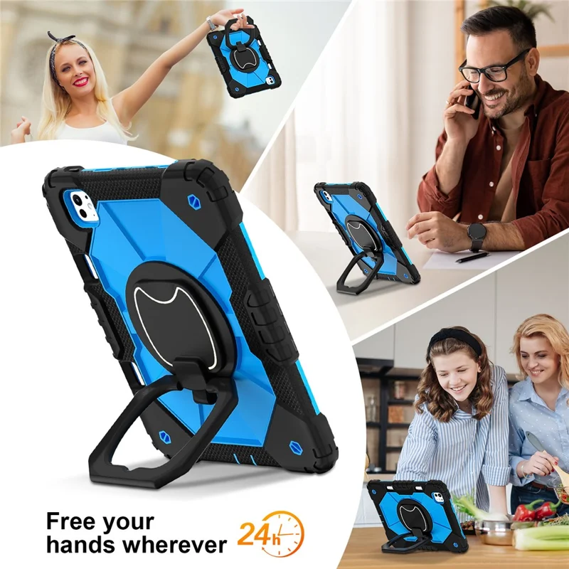 For iPad Pro 11 (2025) / 11 (2024) Kickstand Case Silicone+PC Tablet Cover with Shoulder Strap - Black / Blue