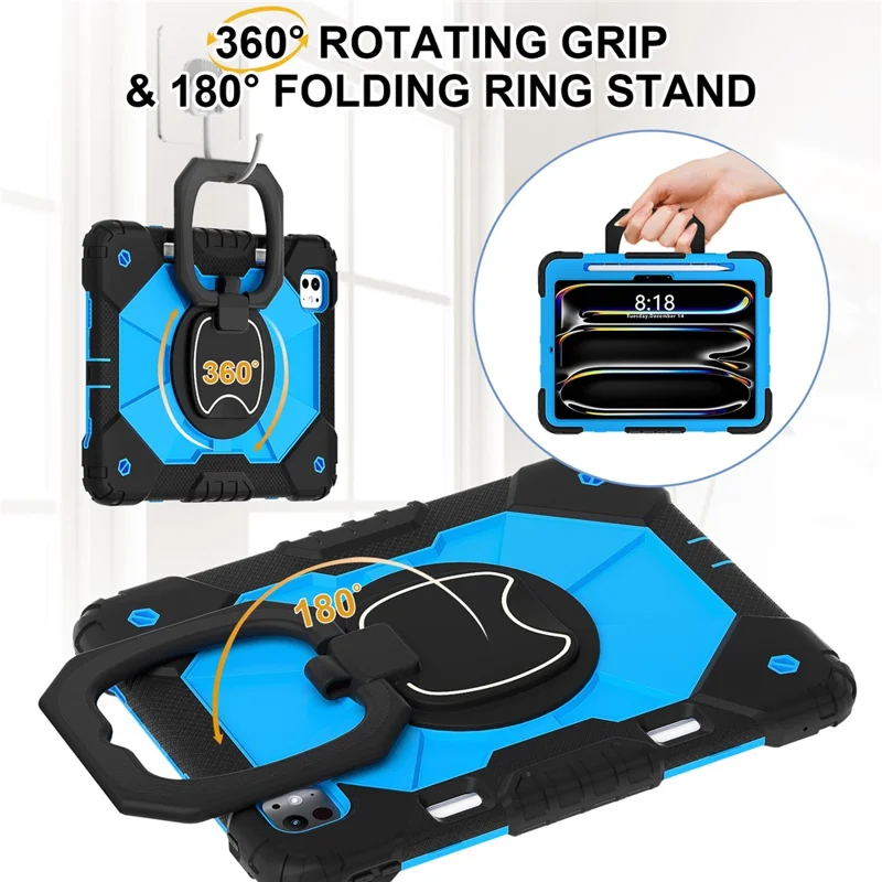 For iPad Pro 11 (2025) / 11 (2024) Kickstand Case Silicone+PC Tablet Cover with Shoulder Strap - Black / Blue