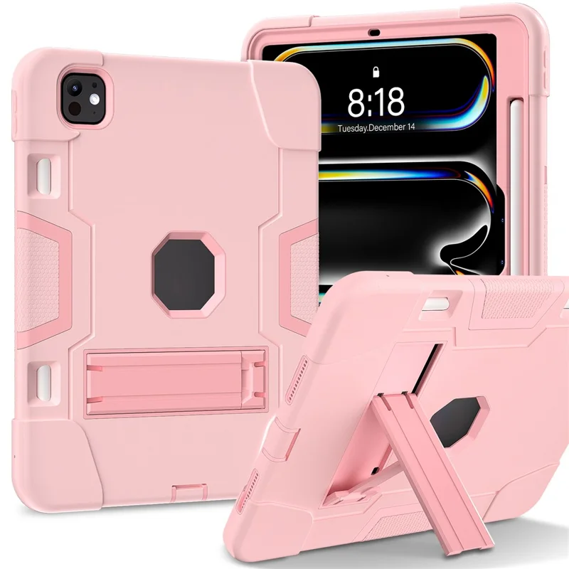 For iPad Pro 11 (2025) / 11 (2024) Case Robot Style Silicone + PC Tablet Cover with Kickstand - Rose Gold