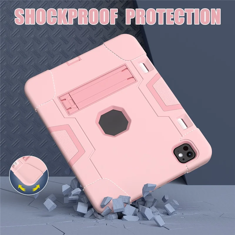For iPad Pro 11 (2025) / 11 (2024) Case Robot Style Silicone + PC Tablet Cover with Kickstand - Rose Gold