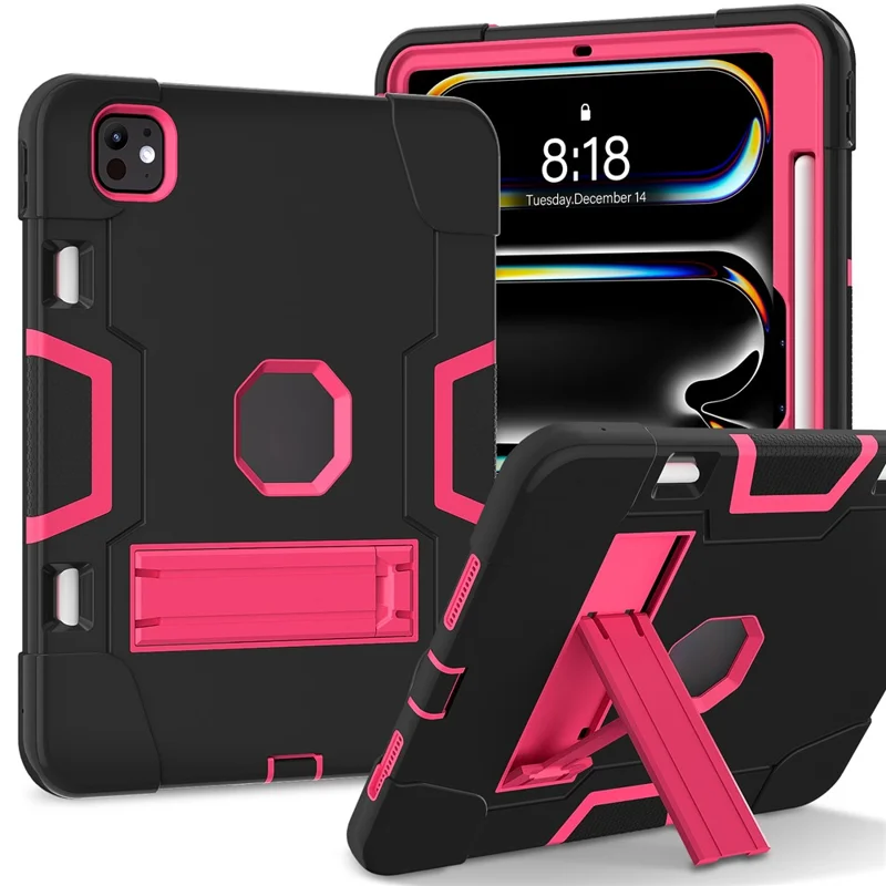 For iPad Pro 11 (2025) / 11 (2024) Case Robot Style Silicone + PC Tablet Cover with Kickstand - Black / Rose