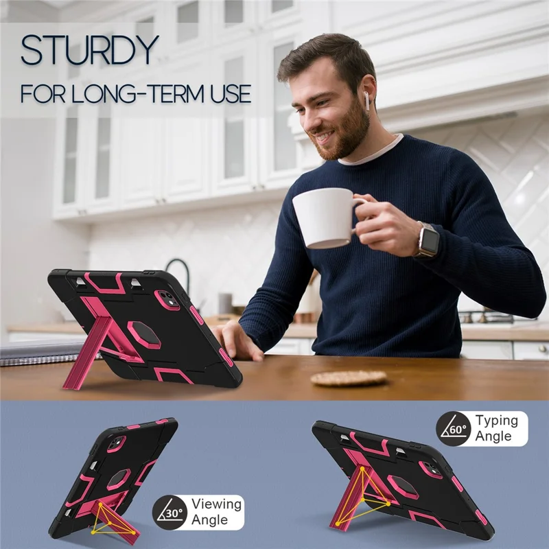 For iPad Pro 11 (2025) / 11 (2024) Case Robot Style Silicone + PC Tablet Cover with Kickstand - Black / Rose