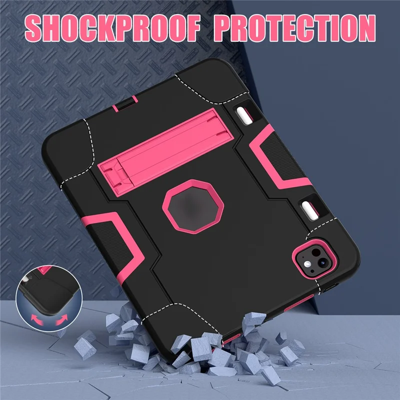 For iPad Pro 11 (2025) / 11 (2024) Case Robot Style Silicone + PC Tablet Cover with Kickstand - Black / Rose