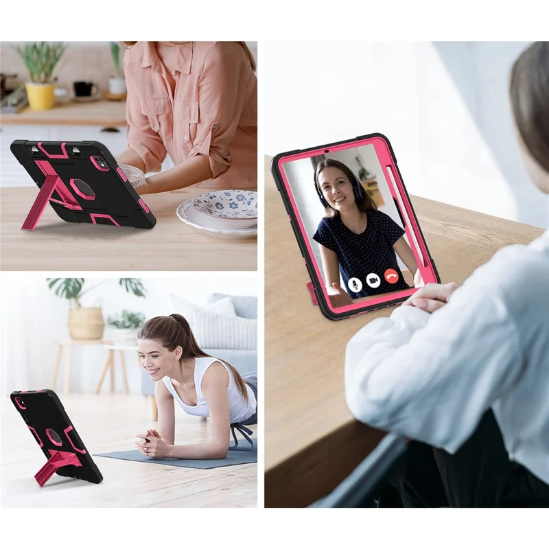 For iPad Pro 11 (2025) / 11 (2024) Case Robot Style Silicone + PC Tablet Cover with Kickstand - Black / Rose