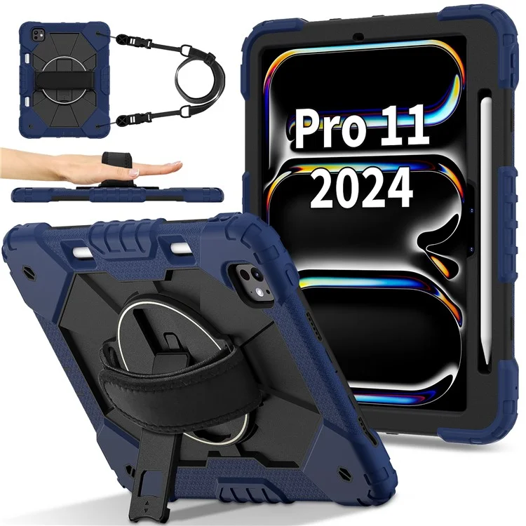 Para iPad Pro 11 (2024) Capa Suporte Silicone+PC Capa Tablet com Alça de Ombro - Azul Marinho+Preto