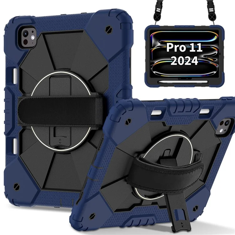 Para iPad Pro 11 (2024) Capa Suporte Silicone+PC Capa Tablet com Alça de Ombro - Azul Marinho+Preto