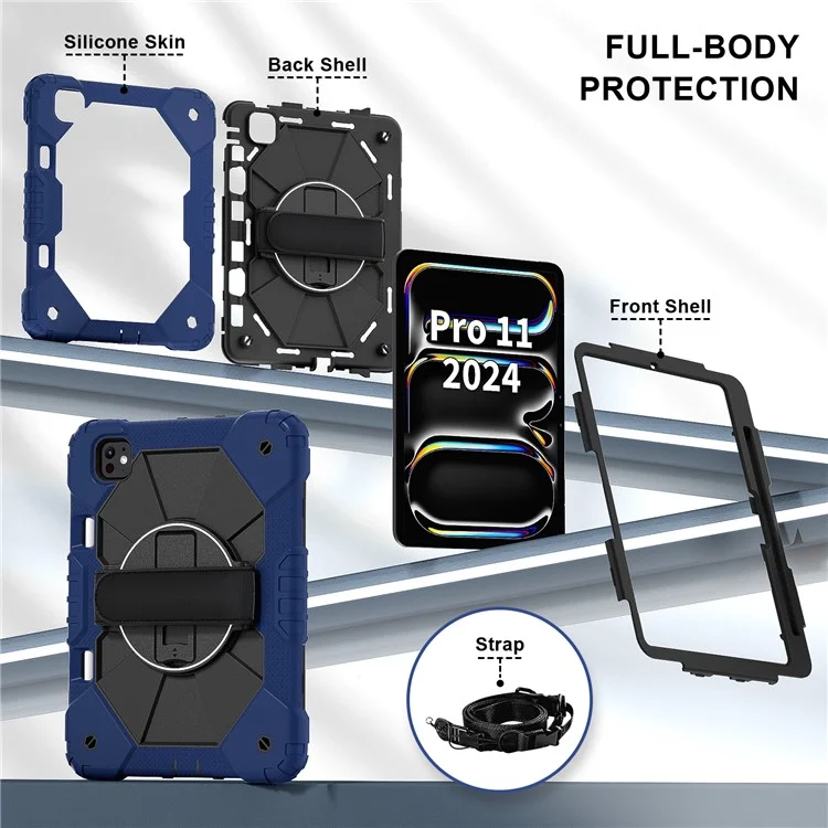 Para iPad Pro 11 (2024) Capa Suporte Silicone+PC Capa Tablet com Alça de Ombro - Azul Marinho+Preto