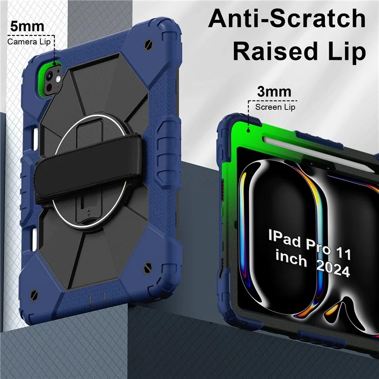 Para iPad Pro 11 (2024) Capa Suporte Silicone+PC Capa Tablet com Alça de Ombro - Azul Marinho+Preto