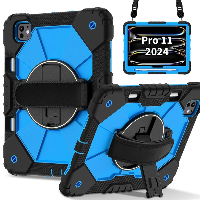 For iPad Pro 11 (2025) / 11 (2024) Case Kickstand Silicone+PC Tablet Cover with Shoulder Strap - Black+Blue
