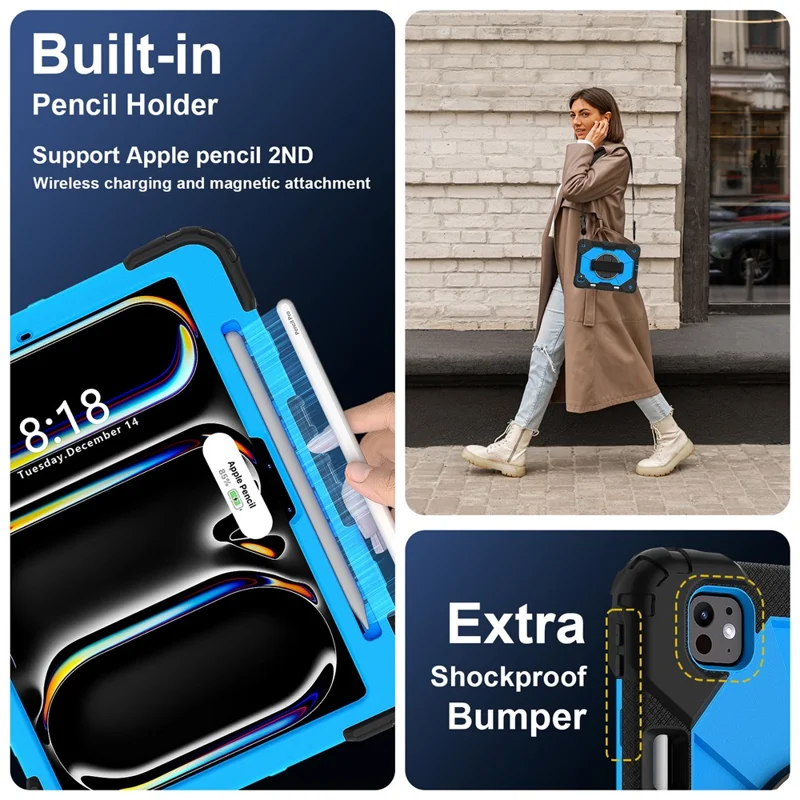 For iPad Pro 11 (2025) / 11 (2024) Case Kickstand Silicone+PC Tablet Cover with Shoulder Strap - Black+Blue