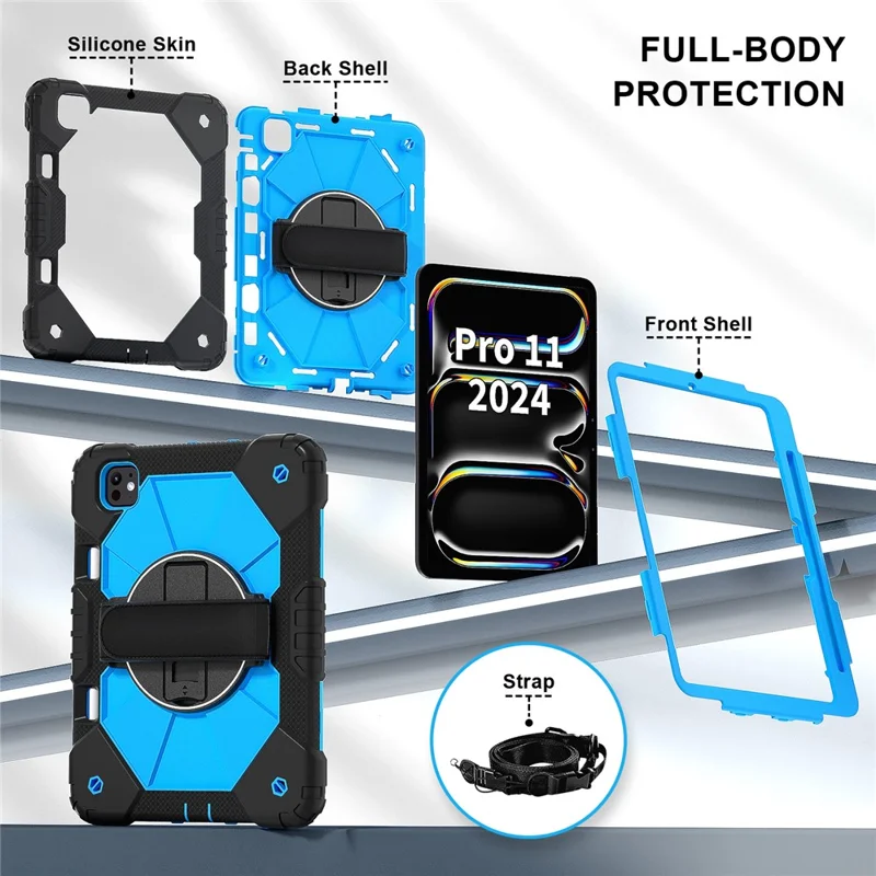 For iPad Pro 11 (2025) / 11 (2024) Case Kickstand Silicone+PC Tablet Cover with Shoulder Strap - Black+Blue