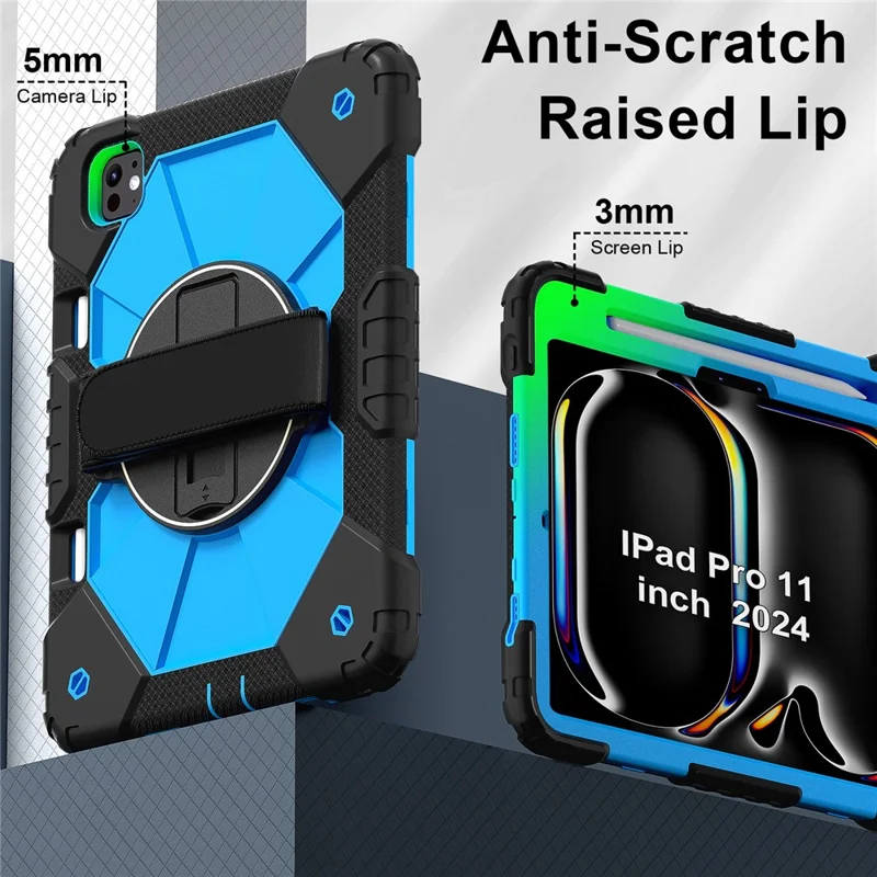 For iPad Pro 11 (2025) / 11 (2024) Case Kickstand Silicone+PC Tablet Cover with Shoulder Strap - Black+Blue