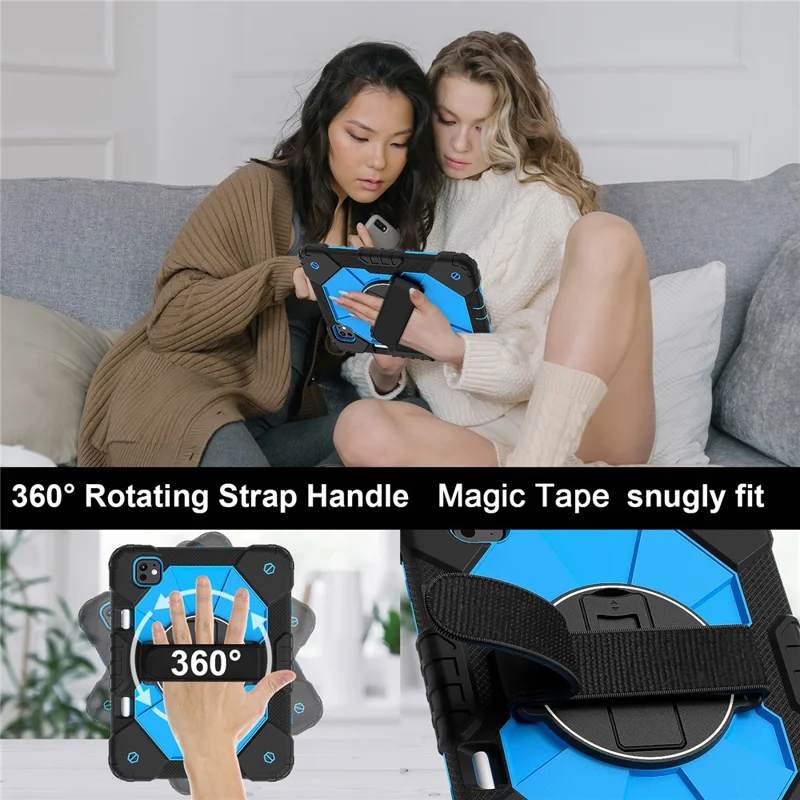 For iPad Pro 11 (2025) / 11 (2024) Case Kickstand Silicone+PC Tablet Cover with Shoulder Strap - Black+Blue