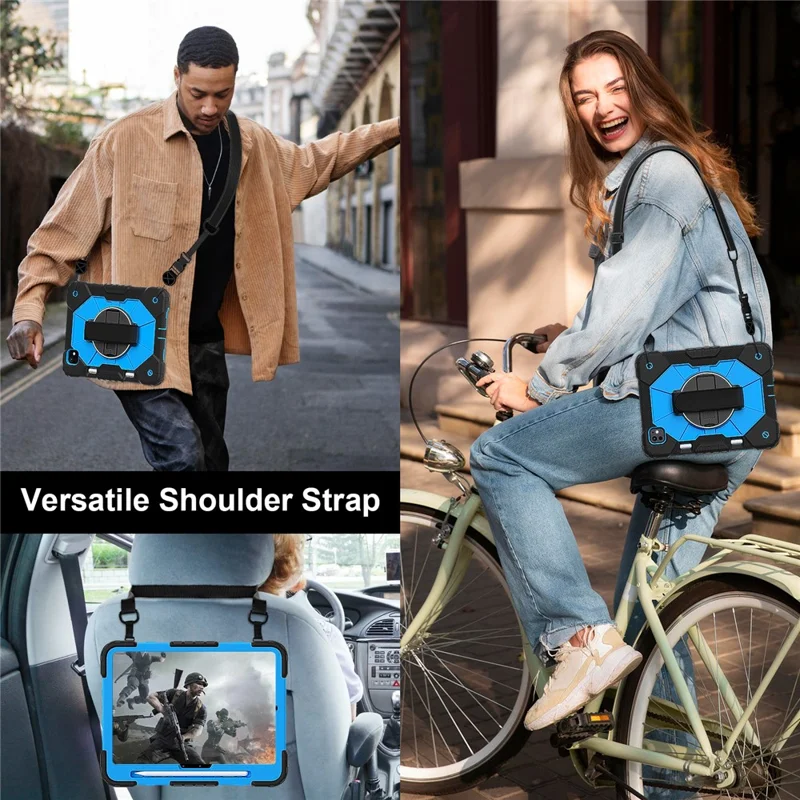For iPad Pro 11 (2025) / 11 (2024) Case Kickstand Silicone+PC Tablet Cover with Shoulder Strap - Black+Blue