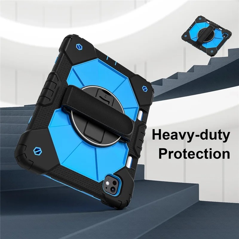 For iPad Pro 11 (2025) / 11 (2024) Case Kickstand Silicone+PC Tablet Cover with Shoulder Strap - Black+Blue