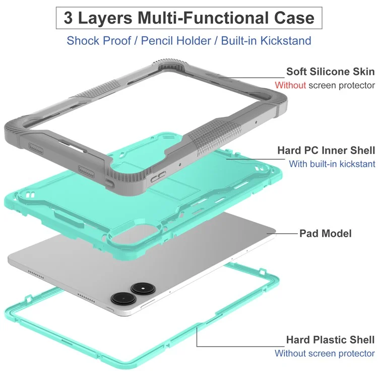 Pour Xiaomi Poco Pad / Redmi Pad Pro / Pad Pro 5G Étui Silicone+PC Housse de protection pour tablette avec support - Gris+Vert Menthe