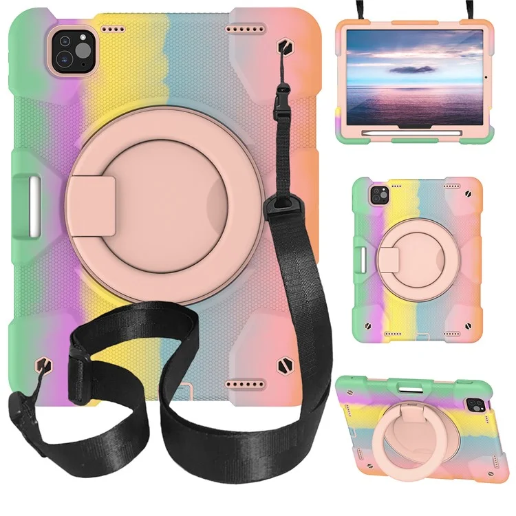 For iPad Pro 11 (2024) Case PC+Silicone Protective Tablet Cover with Shoulder Strap - Colorful Rose Gold