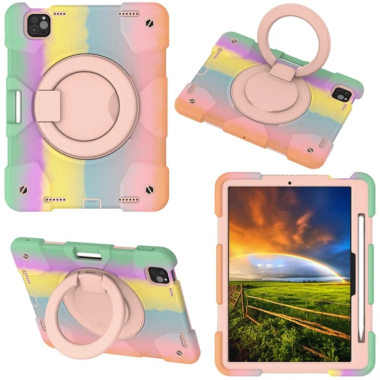 For iPad Pro 11 (2024) Case PC+Silicone Protective Tablet Cover with Shoulder Strap - Colorful Rose Gold
