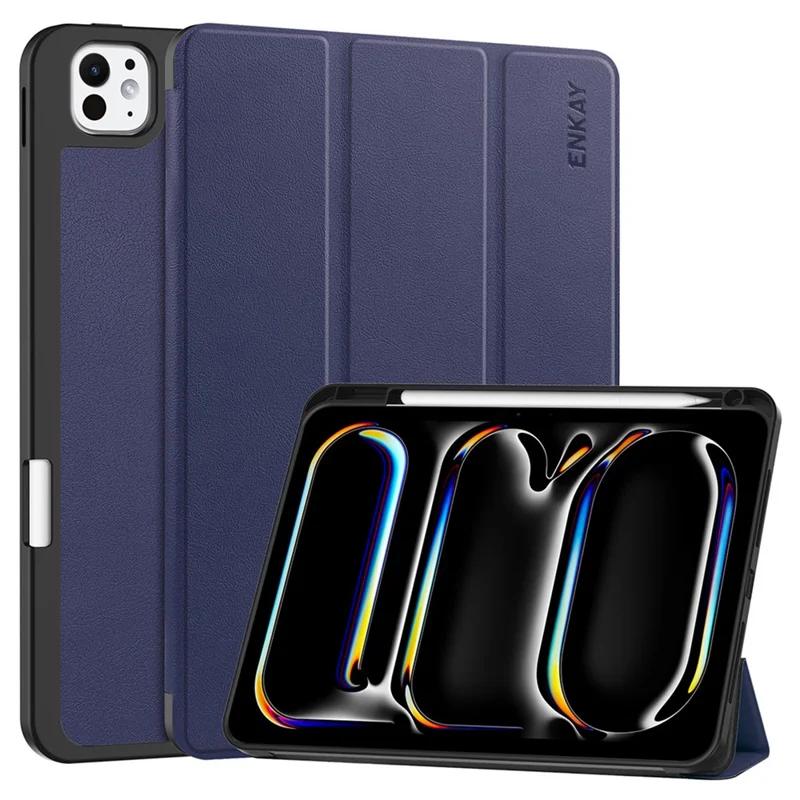 ENKAY HAT PRINCE For iPad Pro 13 (2024) Tri-Fold Stand Tablet Case PU Leather+TPU Smart Cover with Pencil Holder - Dark Blue