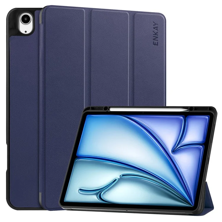 ENKAY HAT PRINCE Para iPad Air 13 (2024) Tri-Fold Stand Tablet Case PU Leather+TPU Smart Cover com Suporte para Lápis - Azul Escuro
