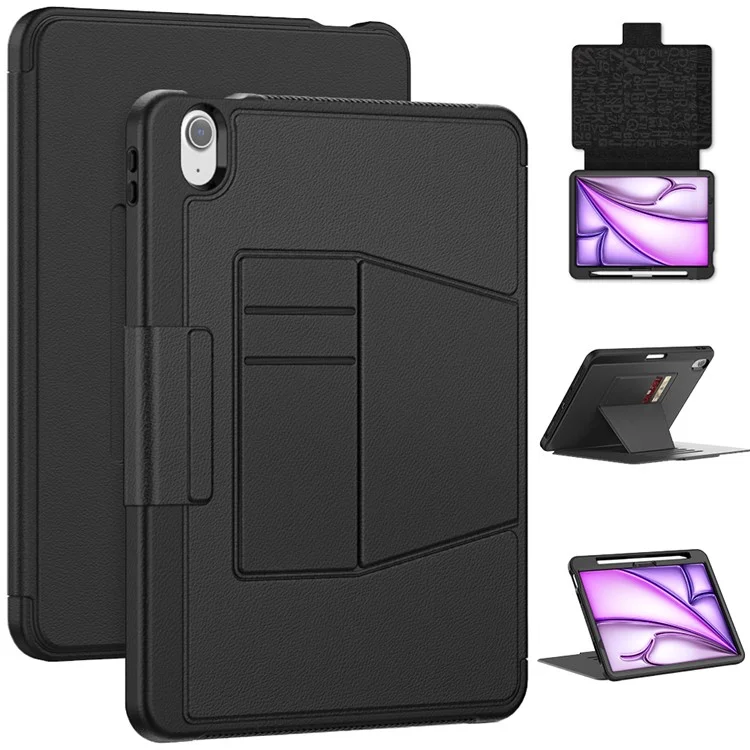 Para iPad Air 11 (2024) Style B Auto Wake / Sleep PU Leather Tablet Case Card Holder Stand Cover with Pencil Slot - Black