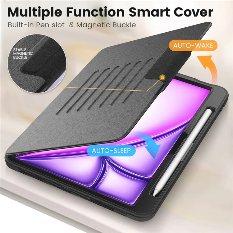 Para iPad Air 11 (2024) Style B Auto Wake / Sleep PU Leather Tablet Case Card Holder Stand Cover with Pencil Slot - Black