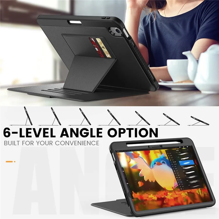 Para iPad Air 11 (2024) Style B Auto Wake / Sleep PU Leather Tablet Case Card Holder Stand Cover with Pencil Slot - Black