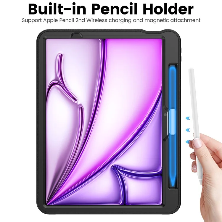 Para iPad Air 11 (2024) Style B Auto Wake / Sleep PU Leather Tablet Case Card Holder Stand Cover with Pencil Slot - Black