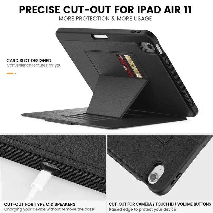Para iPad Air 11 (2024) Style B Auto Wake / Sleep PU Leather Tablet Case Card Holder Stand Cover with Pencil Slot - Black
