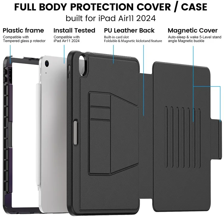 Para iPad Air 11 (2024) Style B Auto Wake / Sleep PU Leather Tablet Case Card Holder Stand Cover with Pencil Slot - Black