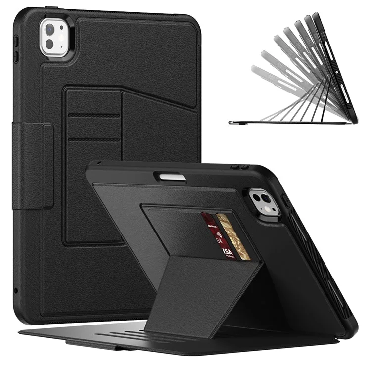 Per iPad Pro 11 (2024) Stile B Auto Wake / Sleep PU Leather Tablet Case Card Holder Stand Cover con Pencil Slot - Nero