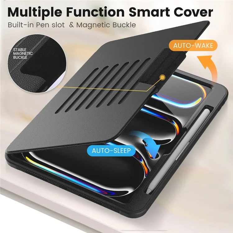 Per iPad Pro 11 (2024) Stile B Auto Wake / Sleep PU Leather Tablet Case Card Holder Stand Cover con Pencil Slot - Nero