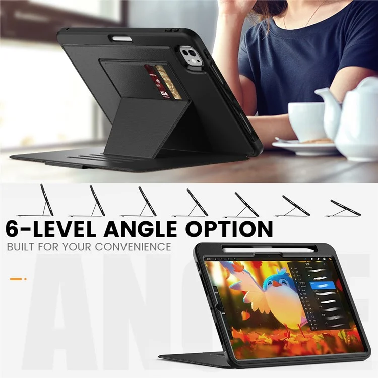 Per iPad Pro 11 (2024) Stile B Auto Wake / Sleep PU Leather Tablet Case Card Holder Stand Cover con Pencil Slot - Nero