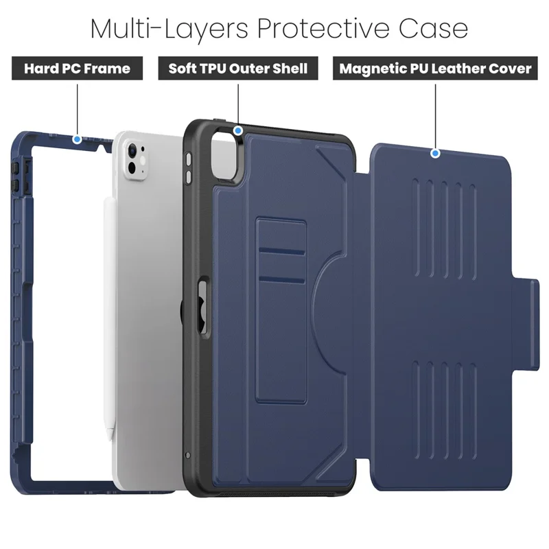 For iPad Pro 11 (2024) PU Leather Tablet Case Card Holder Auto Wake  /  Sleep Stand Cover with Pencil Slot - Navy Blue