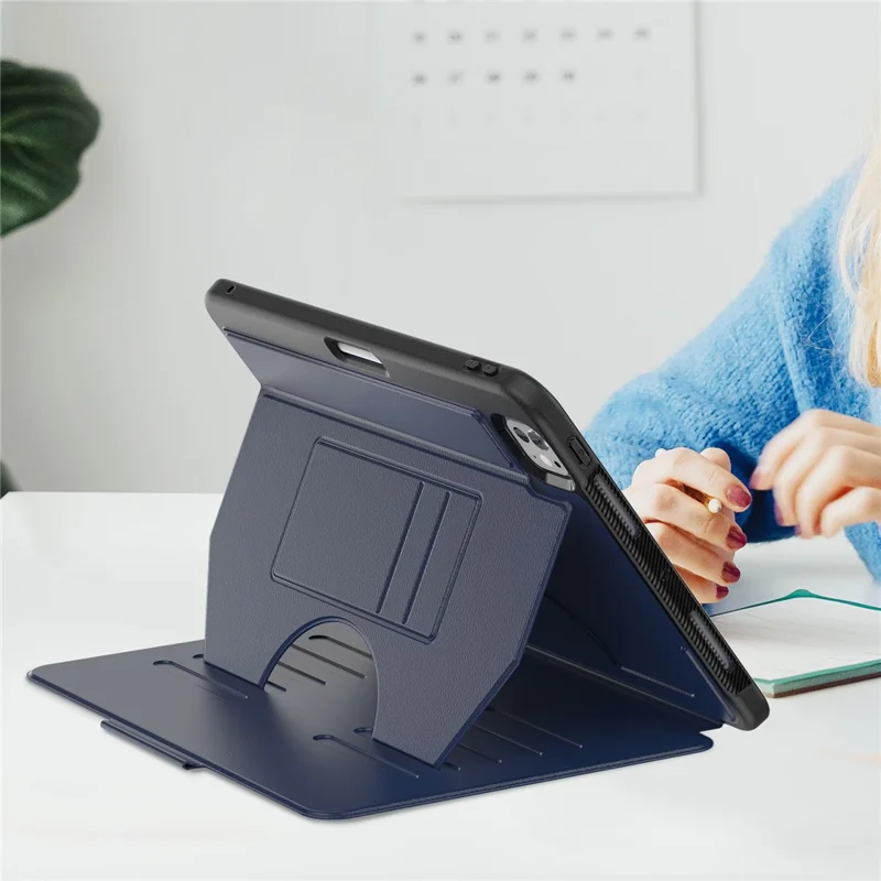 For iPad Pro 11 (2024) PU Leather Tablet Case Card Holder Auto Wake  /  Sleep Stand Cover with Pencil Slot - Navy Blue