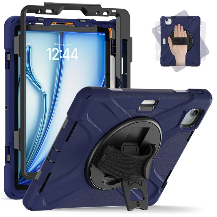 For iPad Air 11 (2025) / (2024) Case Rotary Hand Strap Kickstand TPU+PC+Silicone Tablet Cover - Navy Blue