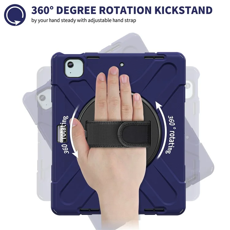 For iPad Air 11 (2025) / (2024) Case Rotary Hand Strap Kickstand TPU+PC+Silicone Tablet Cover - Navy Blue