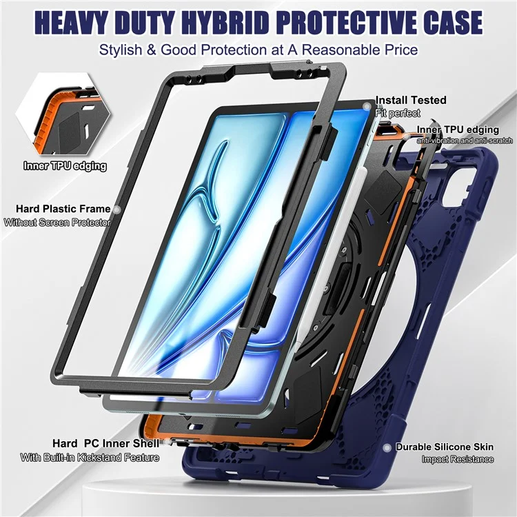 For iPad Air 11 (2025) / (2024) Case Rotary Hand Strap Kickstand TPU+PC+Silicone Tablet Cover - Navy Blue