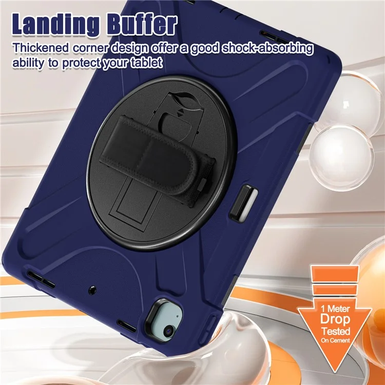 For iPad Air 11 (2025) / (2024) Case Rotary Hand Strap Kickstand TPU+PC+Silicone Tablet Cover - Navy Blue