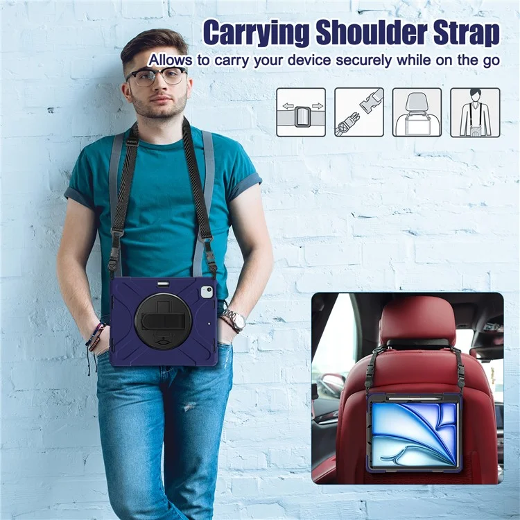 Чехол для iPad Air 11 (2024) с плечевым ремнем TPU+PC+Silicone Kickstand Tablet Cover - Navy Blue