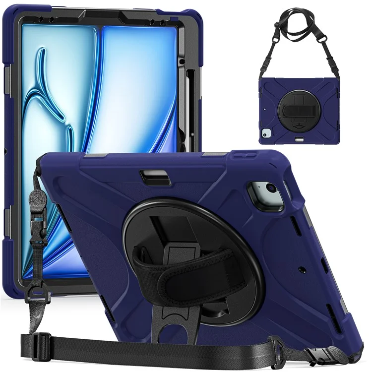 Pour iPad Air 13 (2024) Étui de support Kickstand Coque TPU+PC+Silicone avec bandoulière - Bleu marine